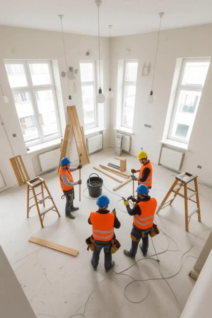 Cinco trabajadores de construcción con cascos y chalecos naranjas realizando una reforma en una habitación luminosa con varias ventanas grandes y paredes enyesadas. Hay herramientas, escaleras y materiales de construcción dispersos por el suelo.