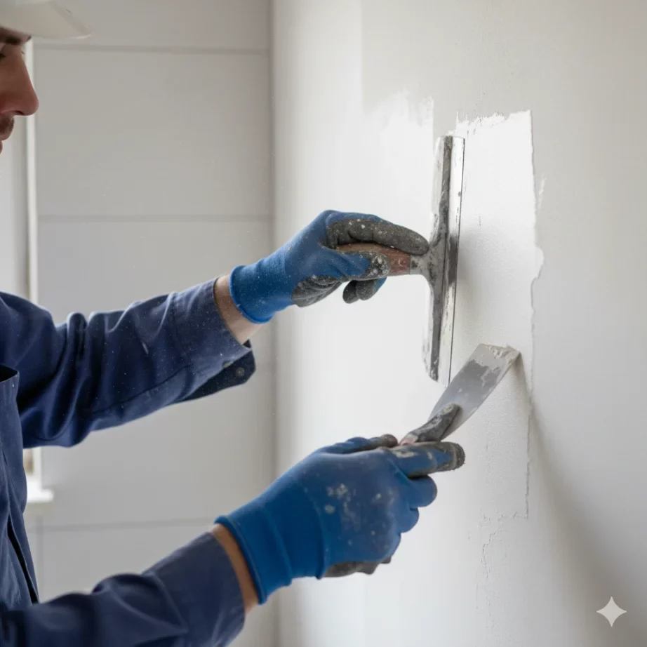 Primer plano de un trabajador con guantes azules y uniforme aplicando yeso a una pared blanca con dos espátulas.