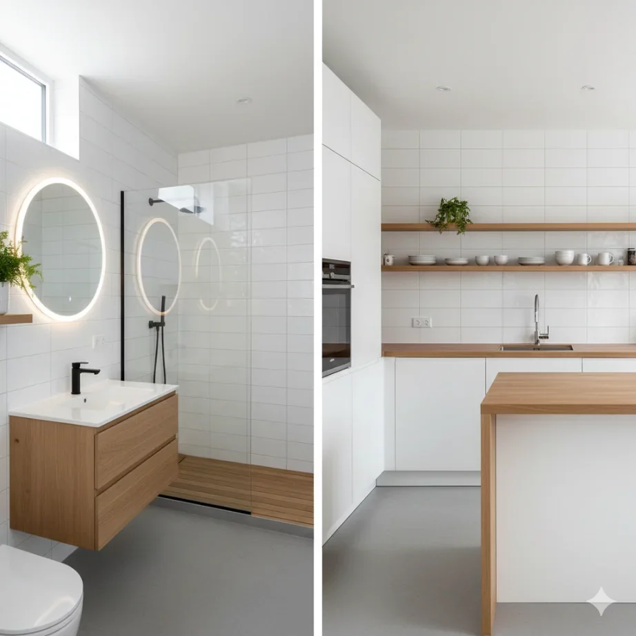 Dos ambientes modernos y minimalistas: un baño con lavabo de madera y espejo redondo iluminado, y una cocina con encimeras y estantes de madera sobre azulejos blancos.