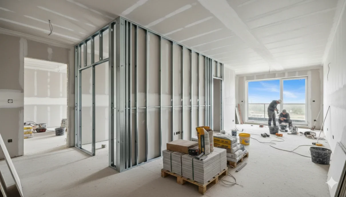 Habitación en construcción con paredes de pladur, estructura metálica para nuevas divisiones, materiales de obra apilados y dos obreros trabajando junto a una ventana grande con vista exterior.